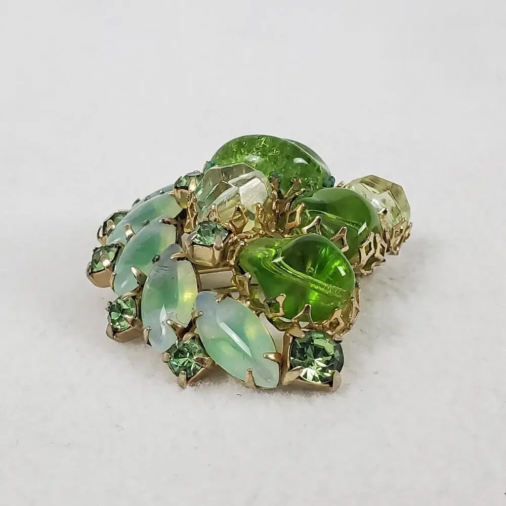 Vintage MCM Green Rhinestone Gold Tone Brooch and Earrings Set